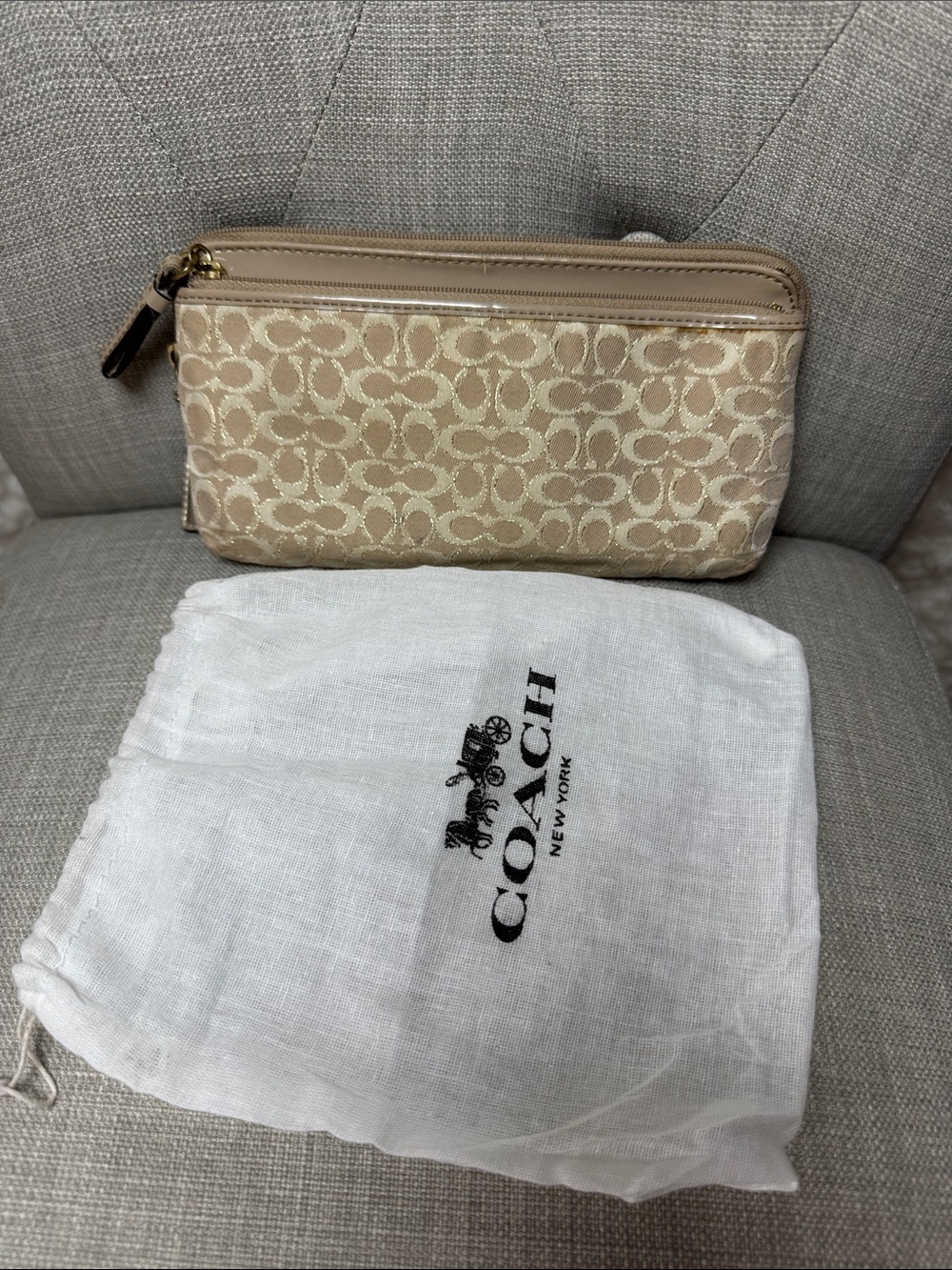 Coach Beige Signature Canvas Wristlet with Gold Hardware
